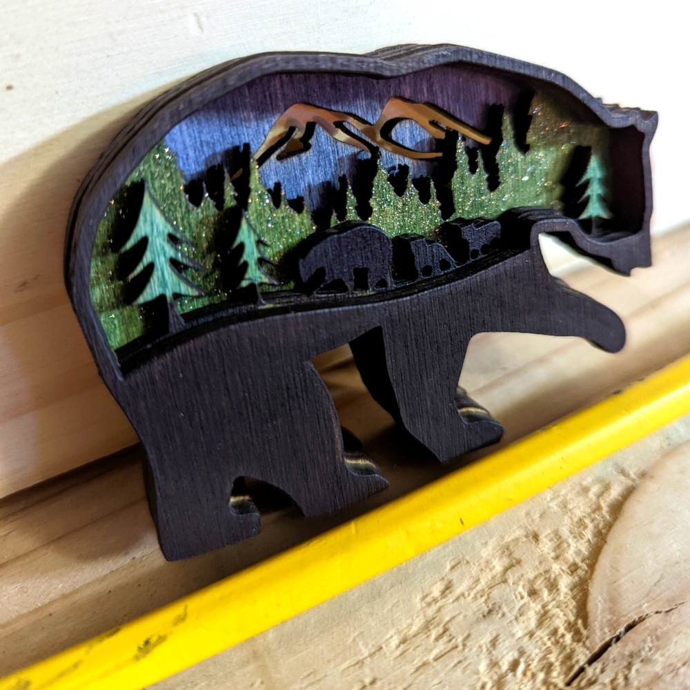 Wooden Layered Bear Magnet with Nature Scene Inside
